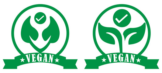 Two green vegan certified labels with leaves and check marks in circles on a white background. Vegan certification logo with green design. Organic food tag with plant emblem