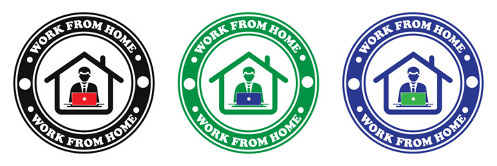 Three work from home icons in black green and blue showing a person at a laptop in a house. Work from home logo in three colors. Remote office badge with suited figure. 
