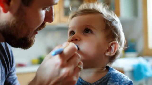 Child brushes teeth under adult supervision, useful for content about hygiene, child care and family values.
