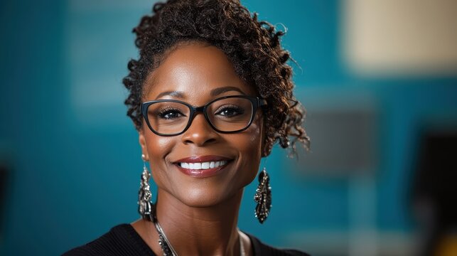 A portrait of a smiling woman wearing glasses, capturing her confident expression and showcasing beauty through simplicity and natural elegance in a vibrant environment.