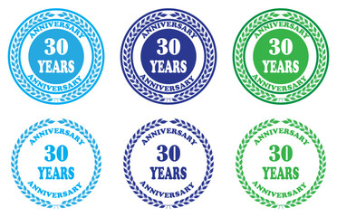 Collection of thirty year anniversary seals in blue green and navy on a white background. Blue and green 30 years anniversary badges. Set of round anniversary logo emblems