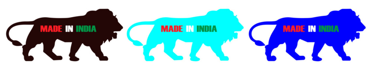 Three lion silhouettes with made in india text in different colors on a white background design. Lion silhouette design for campaign. Black and blue lion vector icons. Logo design for made in india