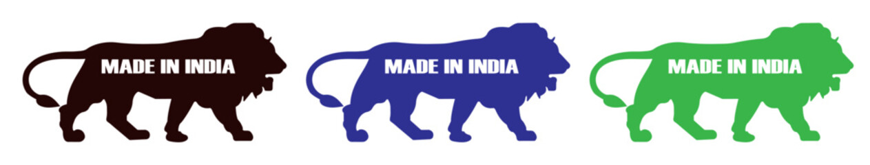 Three lions in different colors with made in india text on them on a white background design graphic. Made in india lion silhouette design. Indian campaign badge with lion icon