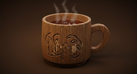 Steaming Hot Beverage in Carved Wooden Mug