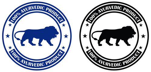 100% ayurvedic logos in black and blue. Two circular logos featuring a lion silhouette and text indicating ayurvedic product certification. Ayurvedic lion badge for product labels