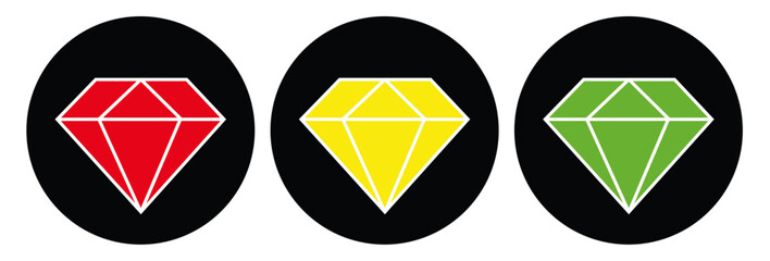 Three colorful diamonds in red yellow and green on black circular backgrounds in a row design graphic. Diamond warning labels in three colors. Signal icons in red yellow and green