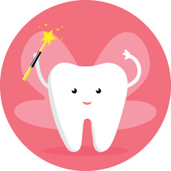 Tooth with a magic wand on a pink background. Vector illustration