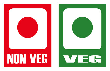 Two signs indicating non vegetarian and vegetarian food options with red and green dots displayed clearly. Food label tag for veg and non veg. Red and green food classification badges