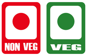 A visual comparison of non vegetarian and vegetarian labels with red and green circles and text signs. Veg and non veg classification label design. Food packaging icons in red and green