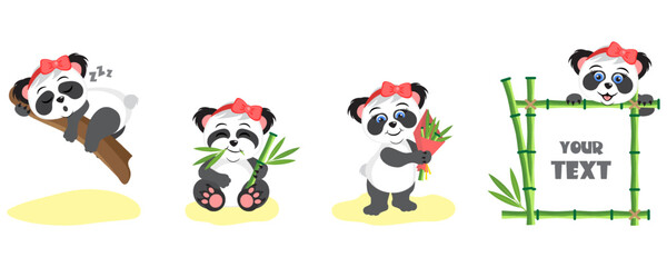 Cute funny emotional pandas set with bamboo. Cute little panda girl plays, sleeps. Cartoon animal character. Vector illustration.