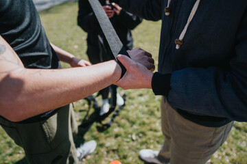 Teenagers participate in an interactive group activity in a sunny park setting, fostering teamwork and collaboration in a friendly atmosphere, emphasizing coordination and mutual support.