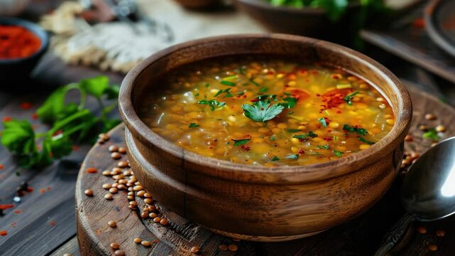 A bowl of tomato soup garnished with cumin, pepper, and chopped herbs.
