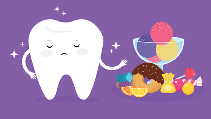 cute tooth character with candies and ice cream vector illustration design