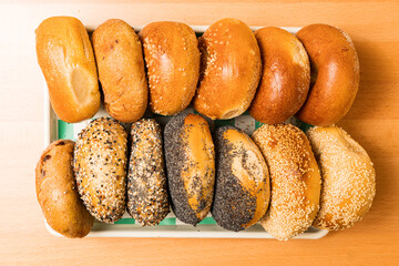 Assorted bagels on a tray