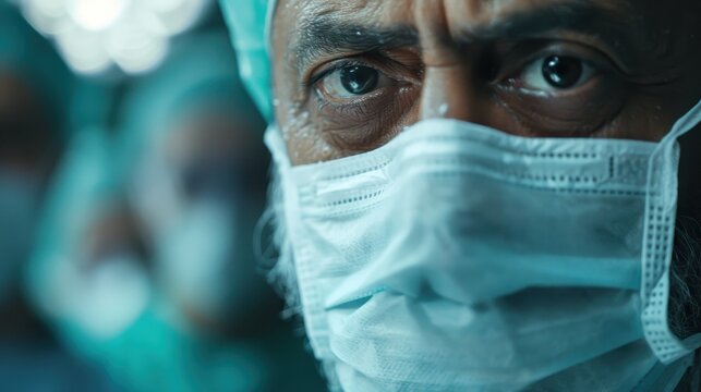 A surgeon in sterile gear gazes intensely while preparing for a procedure in an operating room, symbolizing dedication and the importance of healthcare.