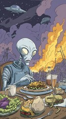 An alien enjoys a meal amidst a ruined landscape.
