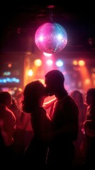 Gay couple kissing under pride disco ball, glowing in neon pink and purple, party crowd behind slightly blurred