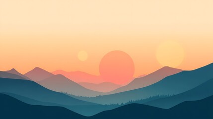 Silhouettes of mountains at sunset with two suns.