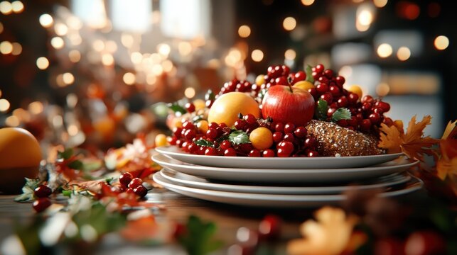 A beautifully arranged autumn feast displays a vibrant assortment of fruits and decorations, evoking feelings of gratitude, togetherness, and the season's rich offerings.