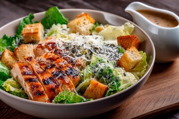 A colorful salad featuring grilled chicken strips atop fresh romaine lettuce, croutons, and parmesan cheese, accompanied by a creamy dressing on the side, served in a cozy dining area