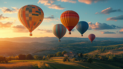 Naklejka premium Hot Air Balloons Floating at Sunrise Over Rural Landscape