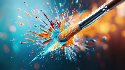A vibrant moment captured of a paintbrush creating an explosion of colorful splashes, illustrating the dynamic relationship between creativity and artistic expression.