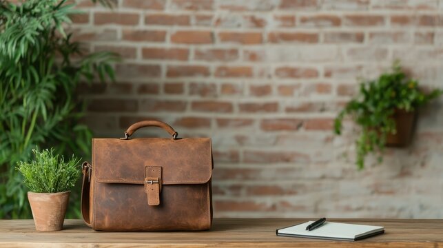 A beautifully crafted brown leather briefcase displayed on a wooden table, enhancing an organized and professional atmosphere in a workspace setting.