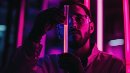 Fototapeta premium Colorful chemical solutions in glass beakers and test tubes on a clean lab bench, soft lighting, modern laboratory setting