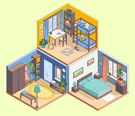 Cartoon Color Duplex Flat Interior Inside Concept Kid Room , Bedroom and Wardrobe 3d Isometric View Line Elements. Vector illustration