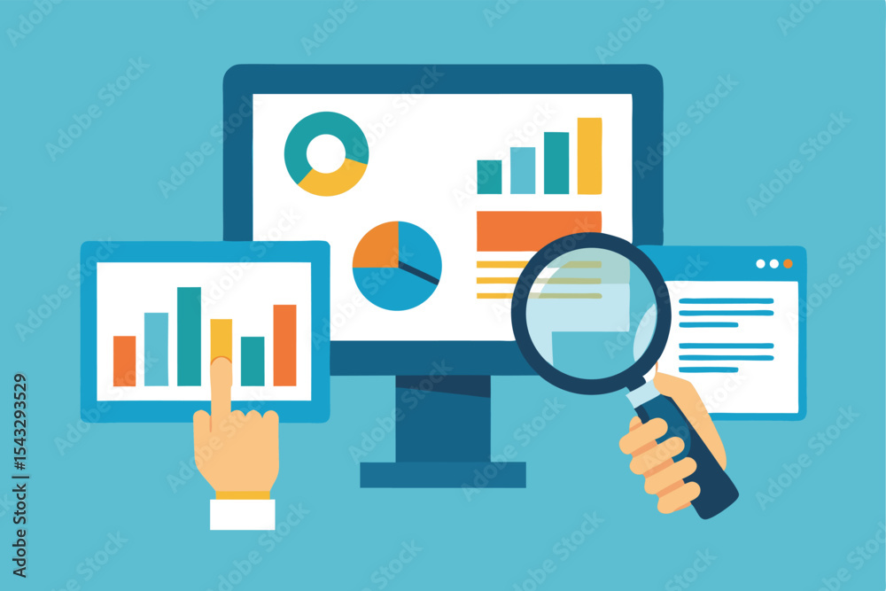Poster data analytics visualization with bar and pie charts on multiple screens and magnifying glass, showi