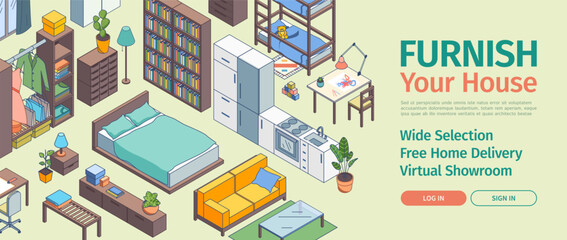 Cartoon Color Furnish Your House Interior Inside Concept Ads Banner Poster Card 3d Isometric View Line Elements. Vector illustration of Virtual Showroom