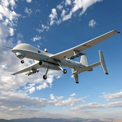 Obraz premium Armed Military Drone Flying in Blue Sky with Clouds