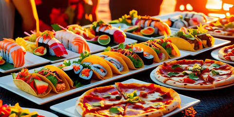 Vibrant Spread of Sushi, Tacos, and Pizza on Table in Warm Sunset Light

