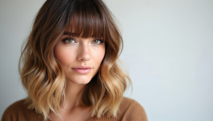 Beautiful woman with dimensional bronde balayage lob haircut with curtain bangs. Modern style, warm tones, versatile. Trendy, elegant coiffure. Face, hair, beauty. Feminine, woman, model face looking