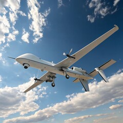Armed Military Drone Flying in Blue Sky with Clouds