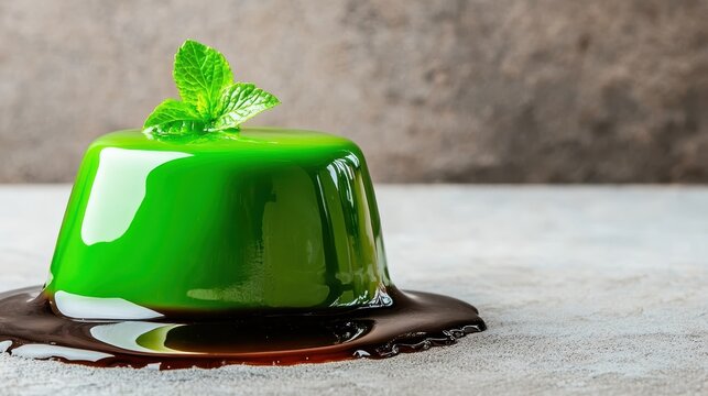 This fresh green gel dessert is beautifully presented with a mint leaf on top, evoking a sense of delight and refreshment perfect for any table setting or event.