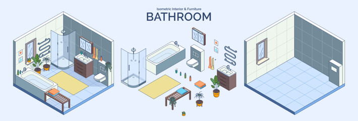 Cartoon Color Bathroom Room Interior and Furniture Concept 3d Isometric View Line Elements. Vector illustration of Bathtub, Sink and Toilet