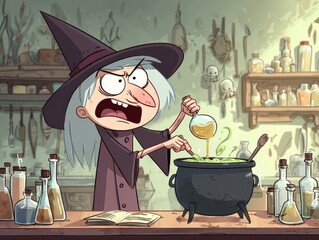 A witch stirs a bubbling concoction in her kitchen.