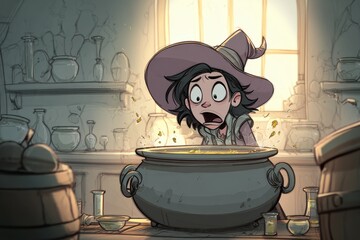 A young witch looks concerned over a bubbling cauldron.