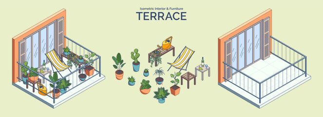 Cartoon Color Balcony Exterior and Different Plants, Furniture Concept 3d Isometric View Line Elements. Vector illustration