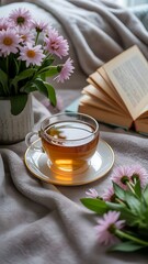 Cozy Morning Ritual: Tea, Book, and Blossoms