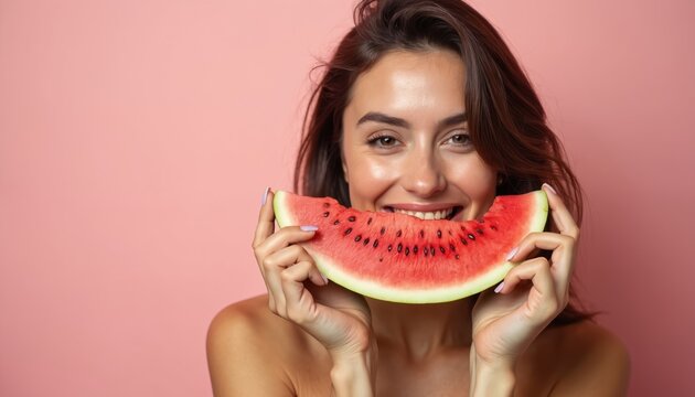 Young woman smiles holding watermelon slice near face. Happy girl eats fresh fruit, shows white teeth. Summer vibes, healthy eating, joy. Cheerful female with juicy snack.