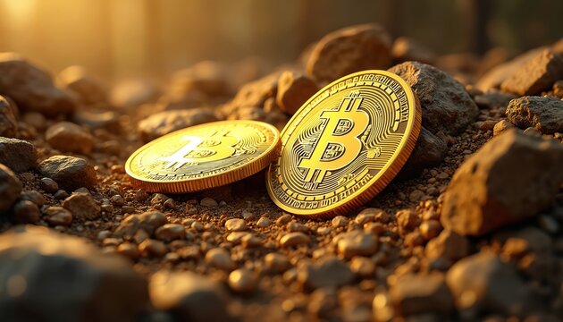 Close-up shot of golden Bitcoin coins in rocks. Cryptocurrency digital money concept, symbol of finance, investment, mining and blockchain technology. Bitcoin crypto mining vs gold mining.