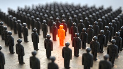 Fototapeta premium Glowing Orange Figure in Crowd – Concept of Individuality, Leadership, and Standing Out