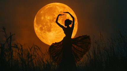 Silhouette of a Woman Dancing in a Field Underneath a Large Orange Moon at Night