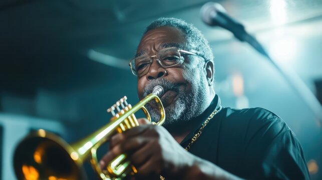 A powerful moment captured of a musician immersed in playing the trumpet, showcasing passion and talent, surrounded by an atmosphere of live music and energy.