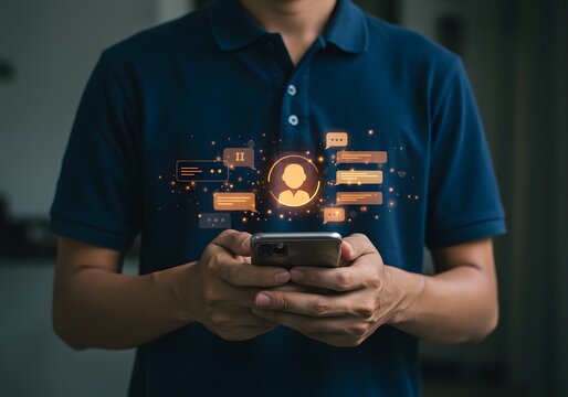Person using smartphone with digital communication interface glowing bright above hands showcasing modern technology and online messaging