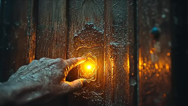 Hand pressing a glowing doorbell on a wooden door