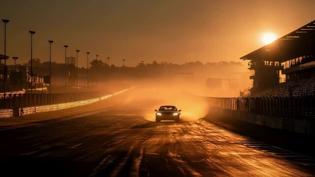 Golden sunlight bathes empty racing track, modern electric vehicle cruising forward with elegant power, generating swirling dust clouds against luminous morning landscape - Powered by Adobe