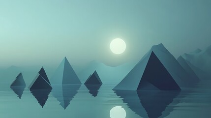 Geometric pyramids reflected in a tranquil water surface.